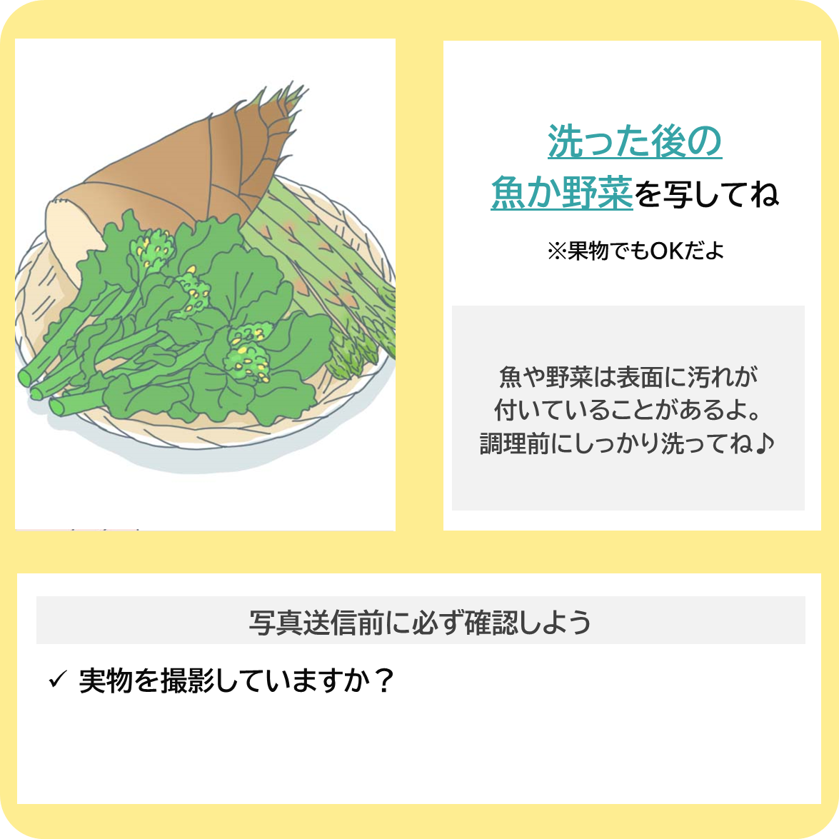 食中毒に気をつけようー魚や野菜を洗う編ーの撮影ポイント