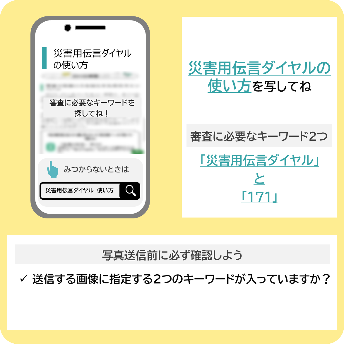 災害用伝言ダイヤルの使い方について調べよう！の撮影ポイント