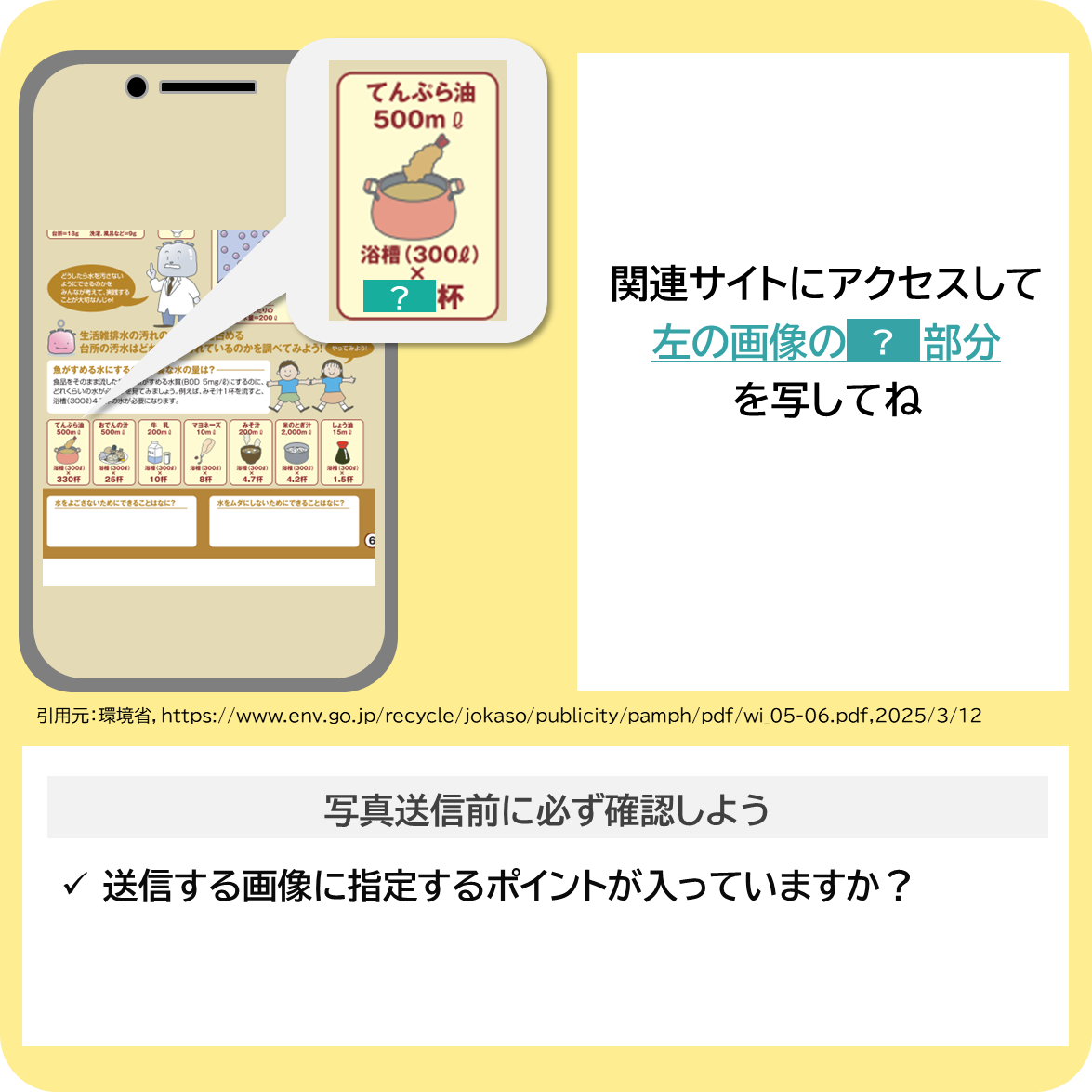 台所の汚水による環境への影響を調べよう！の撮影ポイント